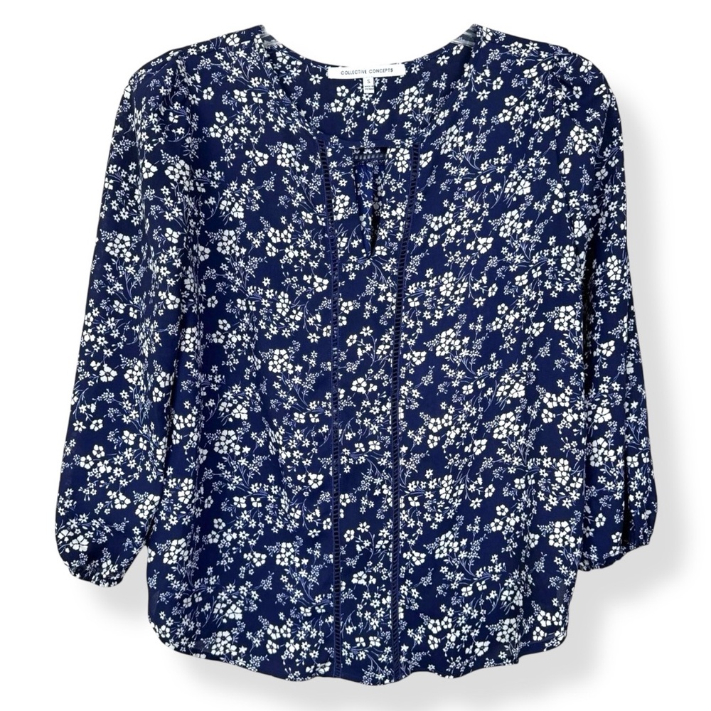 Collective Concepts Blouse Womens Size S Blue Floral Woven 3/4 Sleeve Pullover